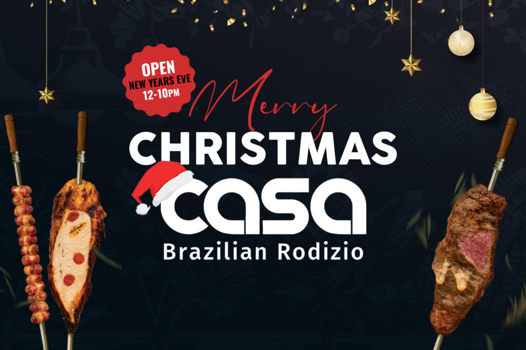 Christmas at Casa Brazilian Rodizio York festive dining banner showing skewered meats and holiday decorations