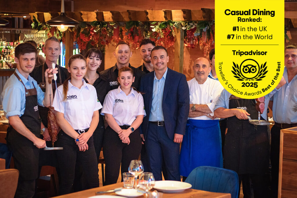Casa Brazilian Rodizio York team celebrating Tripadvisor Traveller’s Choice Best of the Best 2025 award, ranked #1 casual dining restaurant in the UK and #7 in the world
